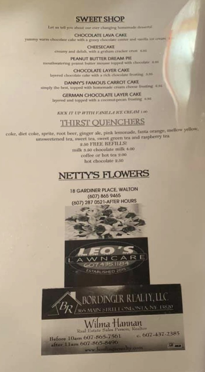 Diner menu with chicken and seafood items